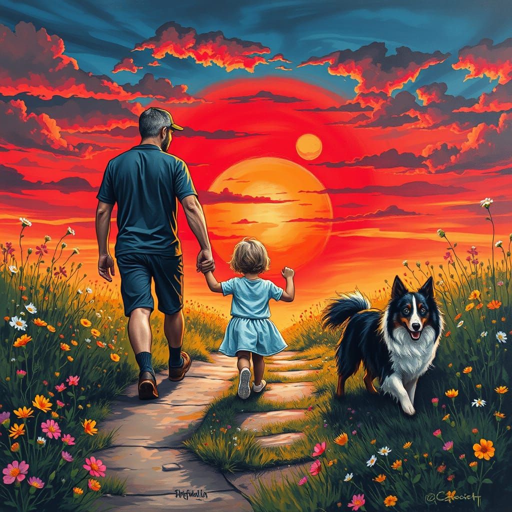 Father and Children Walk Path with Wildflowers and Sunset