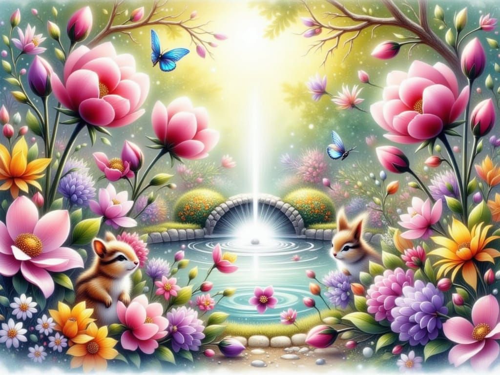 Whimsical Watercolor Garden Scene with Chipmunks and Bunny