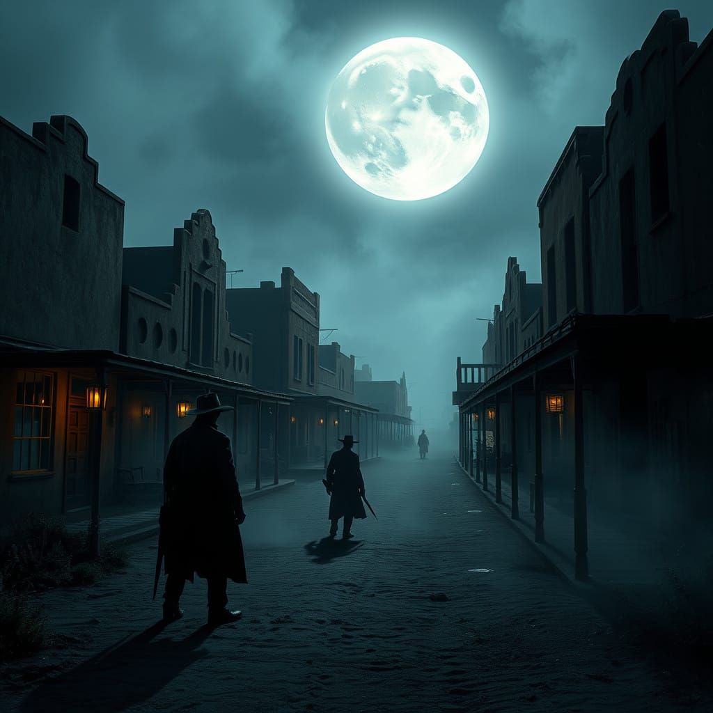 Gothic Western Town Under Full Moon