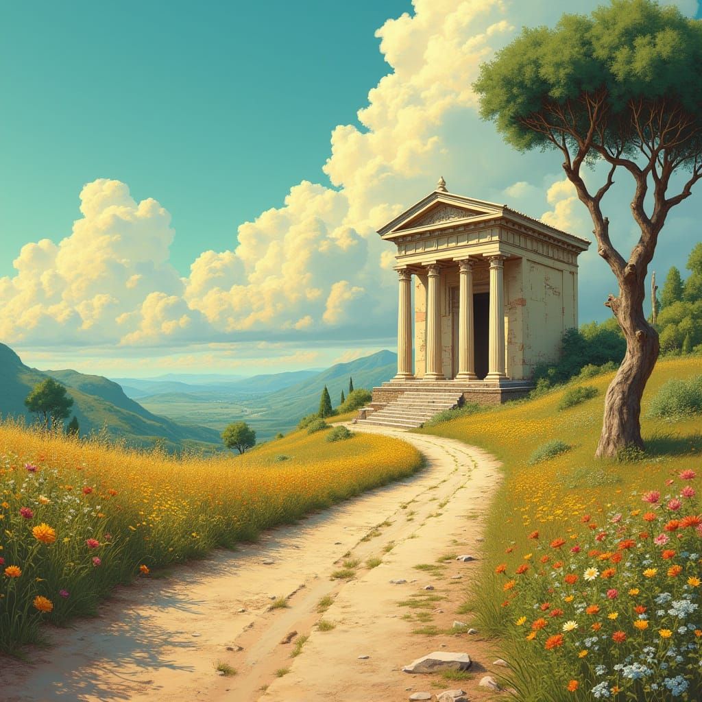 Greco-Roman Temple in Mythical Late Summer Countryside