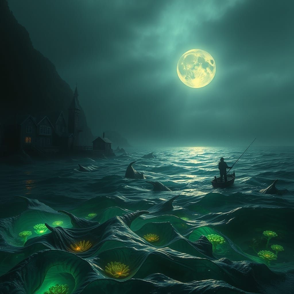 Fisherman Encounters Sea Monsters in Moody Fantasy Art
