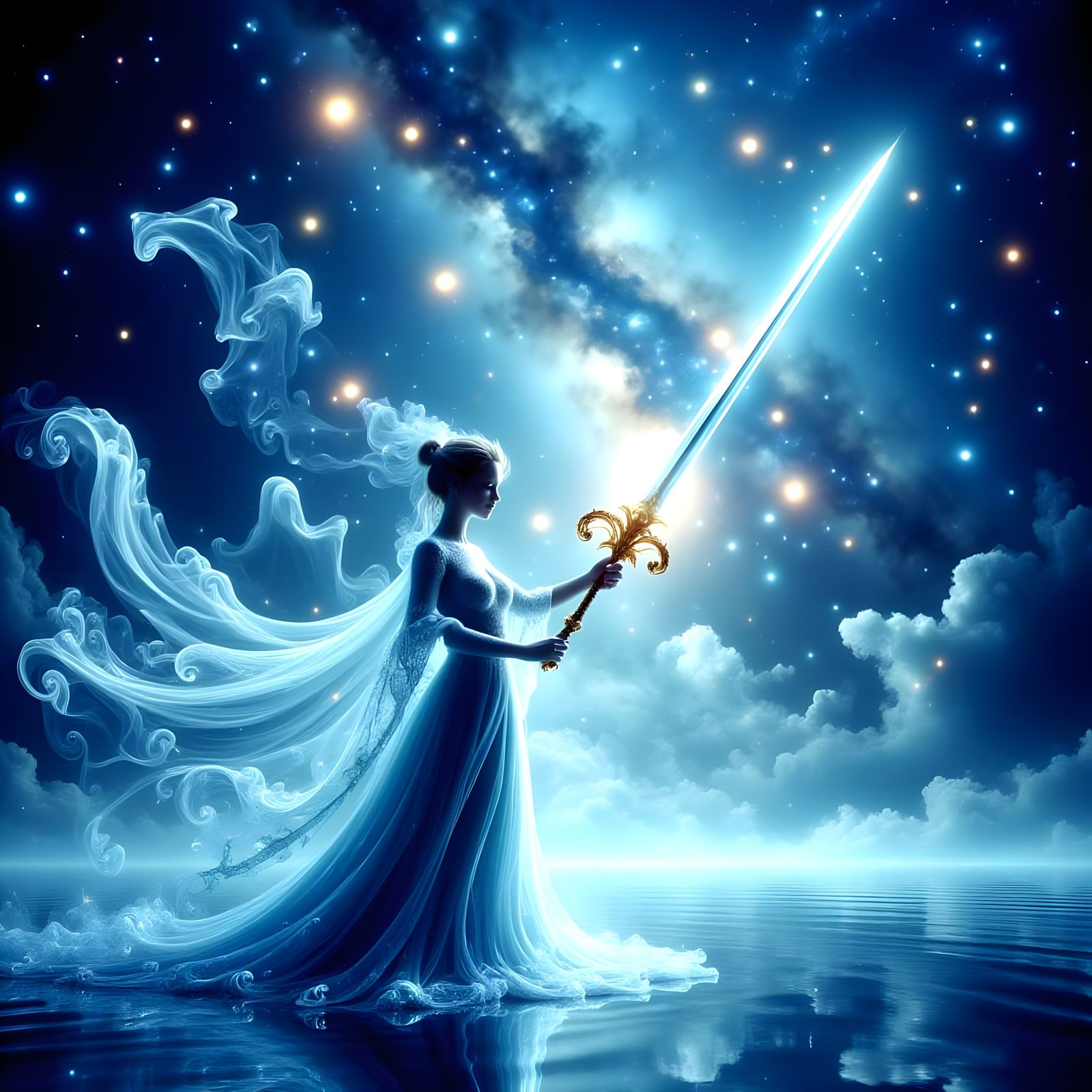 Ethereal Lady of the Lake Rises with Excalibur in Cosmic Spl...
