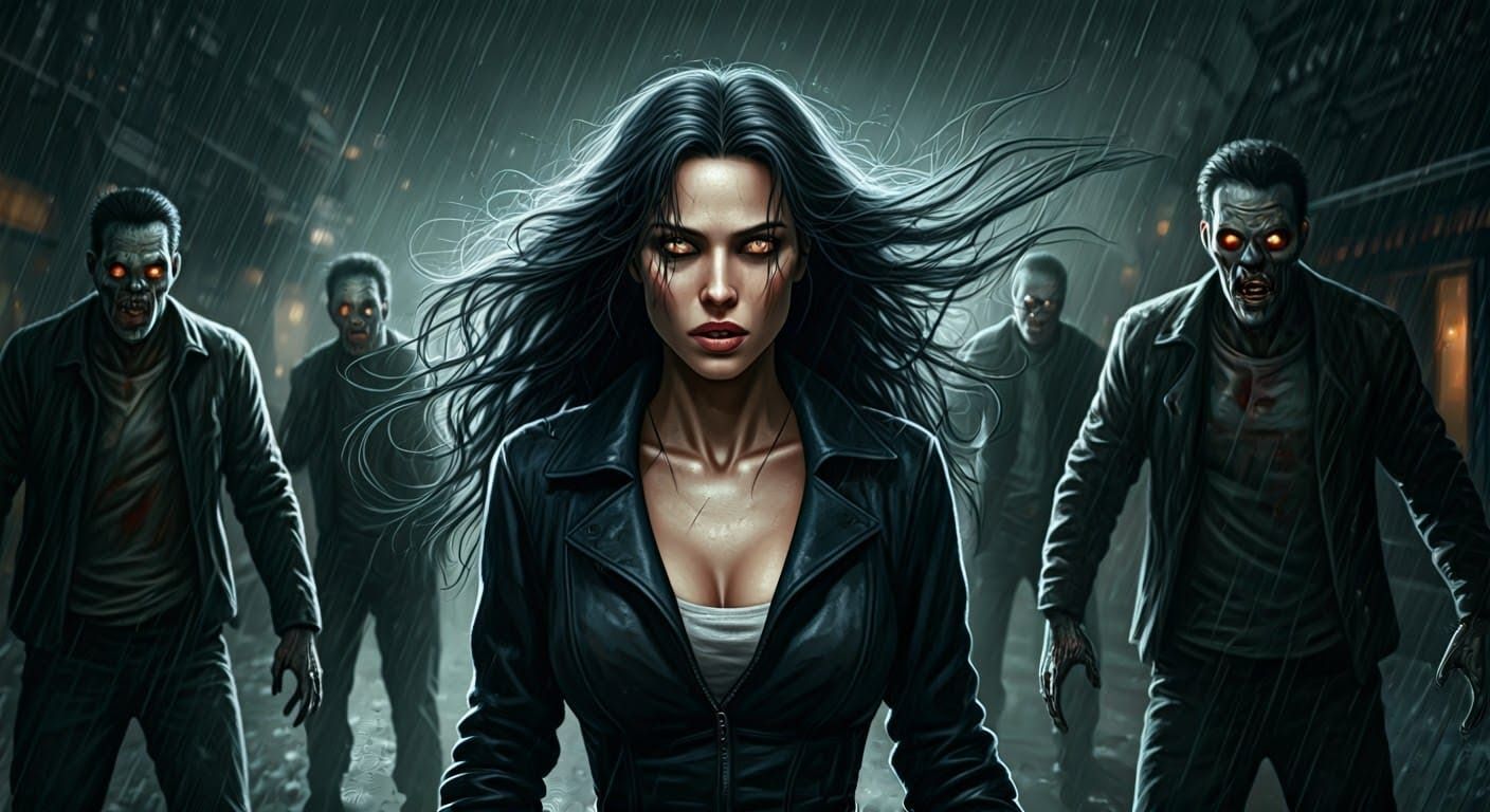 Zombies Chase Woman in Moonlight