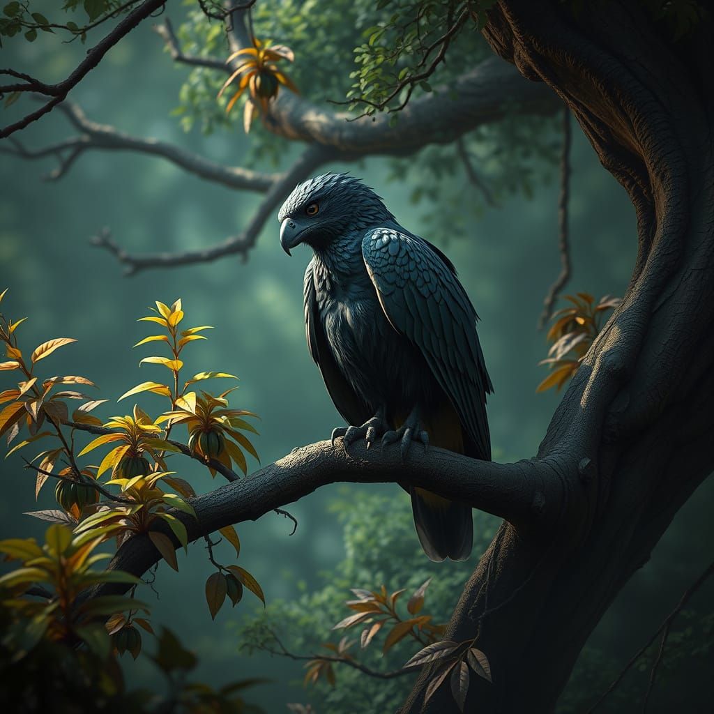 Fantasy Raptor on Mystical Branch in Matte Painting Style