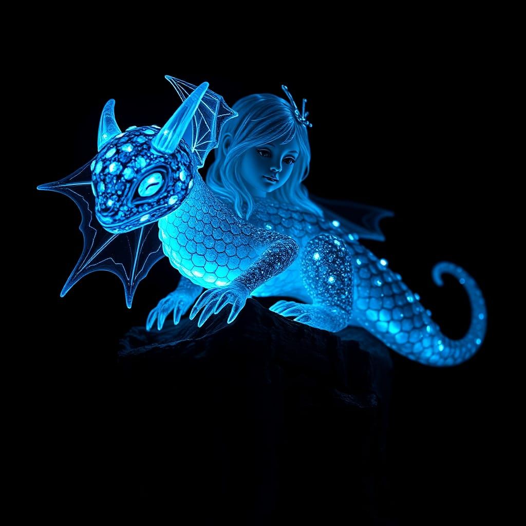 Bioluminescent Crystal Sculpture of Girl on Tree Stump