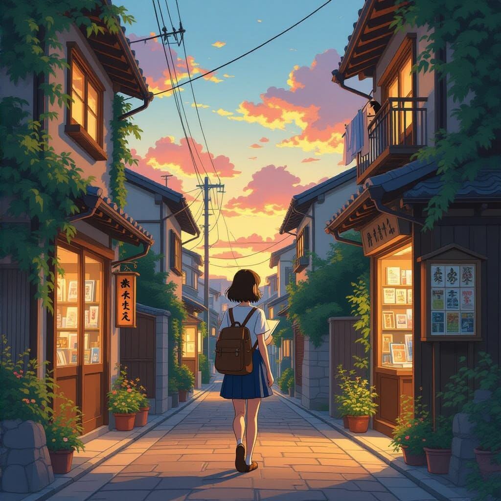 Studio Ghibli Girl Walks Home Through Tokyo Sunset