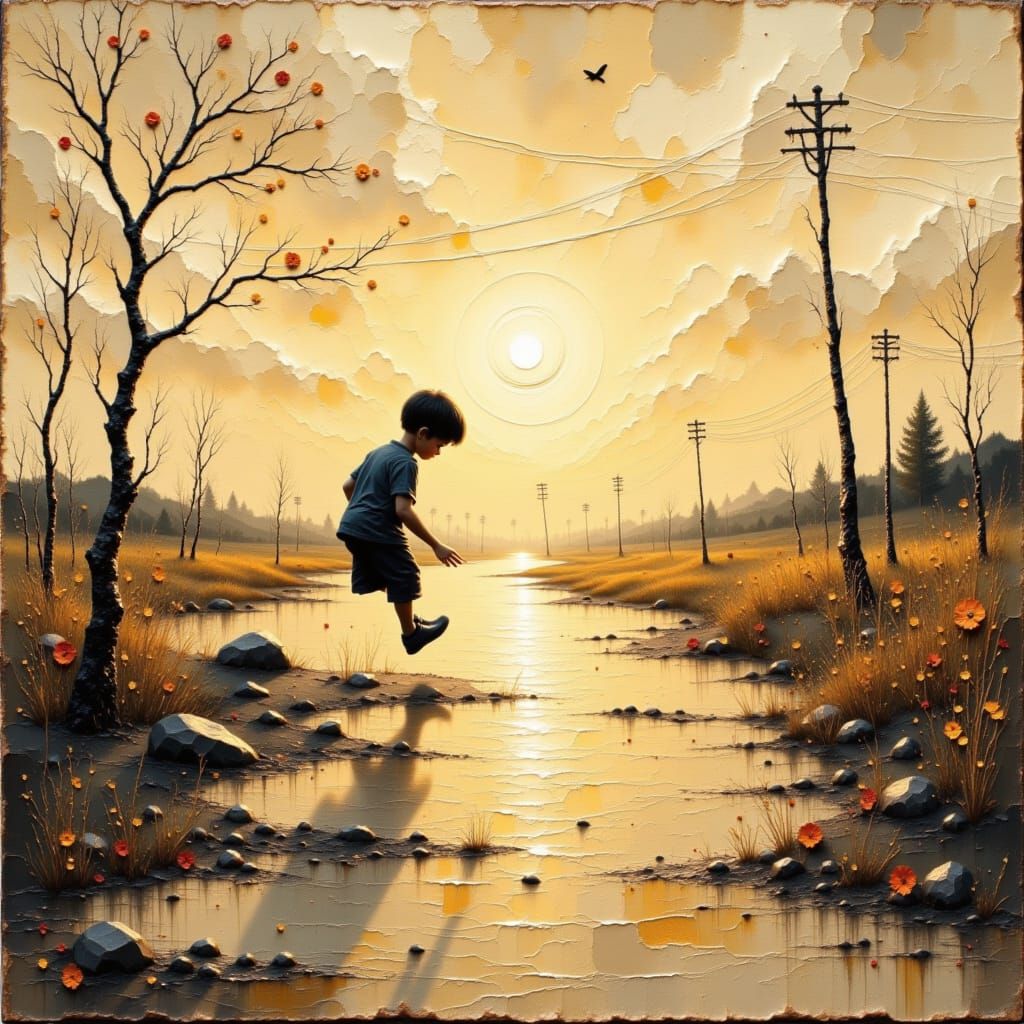 Airborne Sheet Music with Child Jumping Silhouette