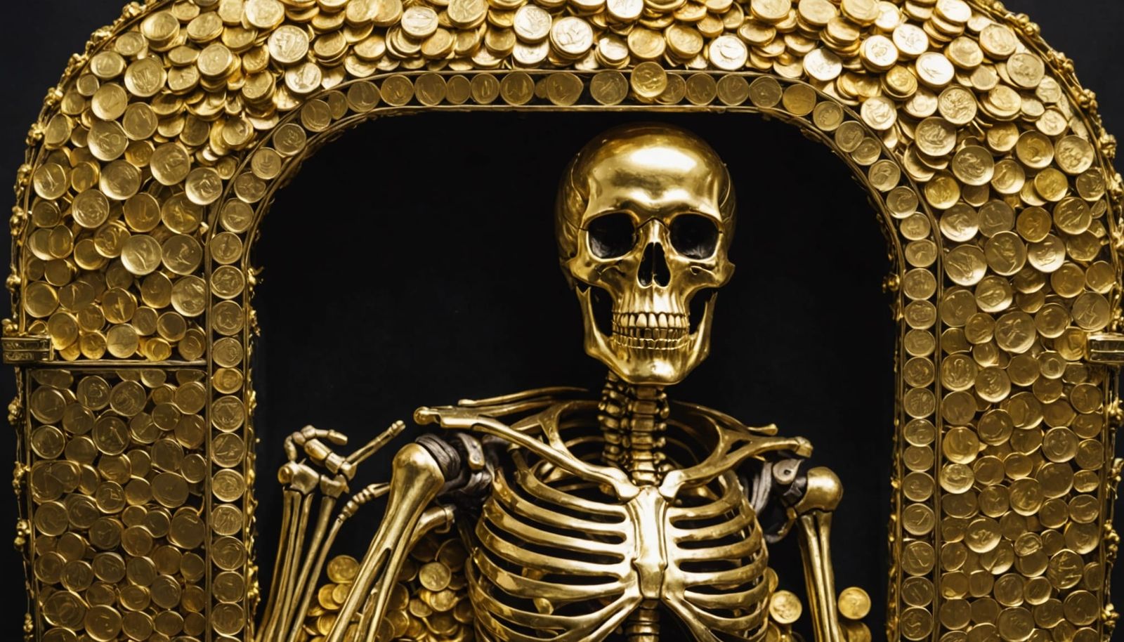 Golden Coffin with Skeleton in Suit - Artistic Design
