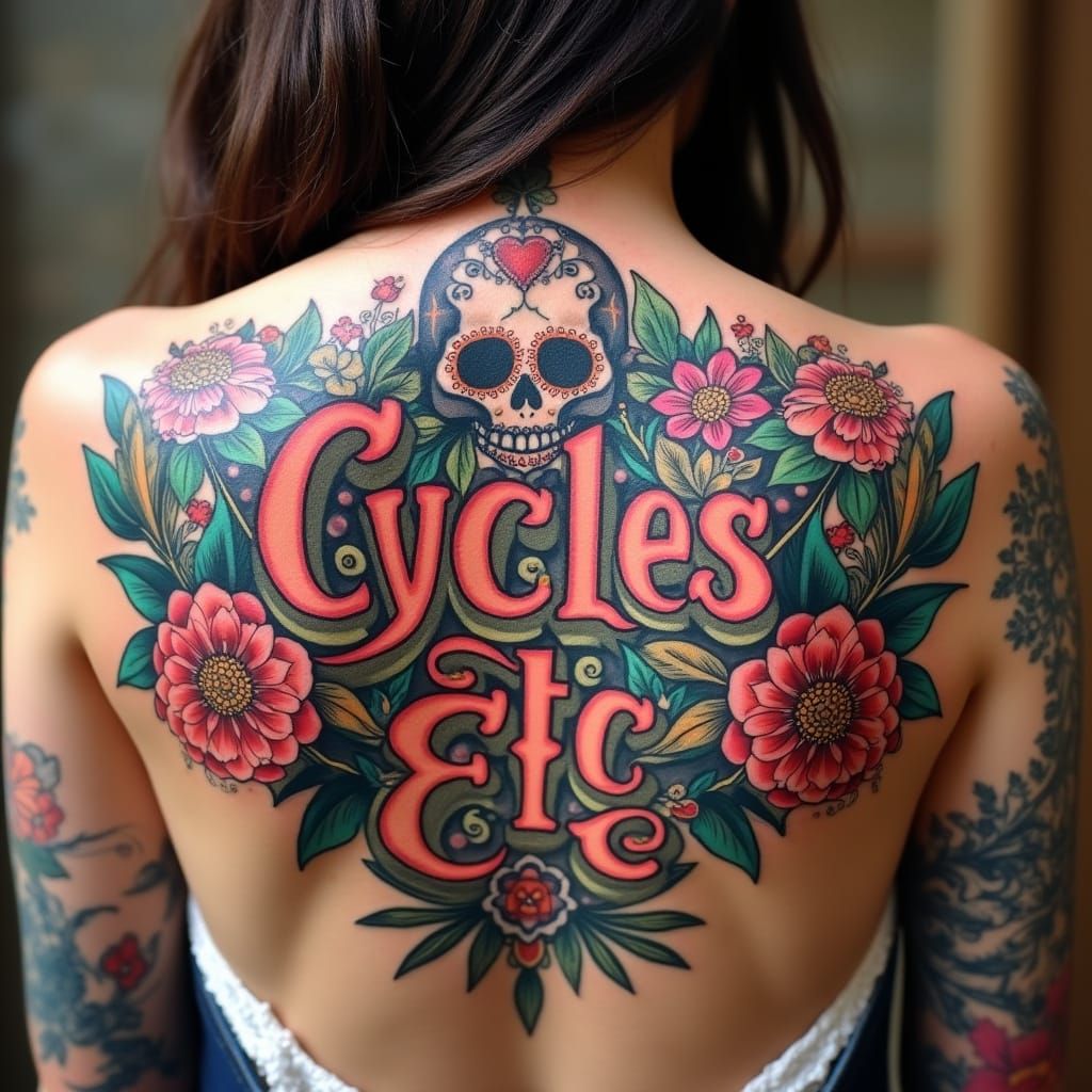 Tattooed Back with Skulls and Floral Art