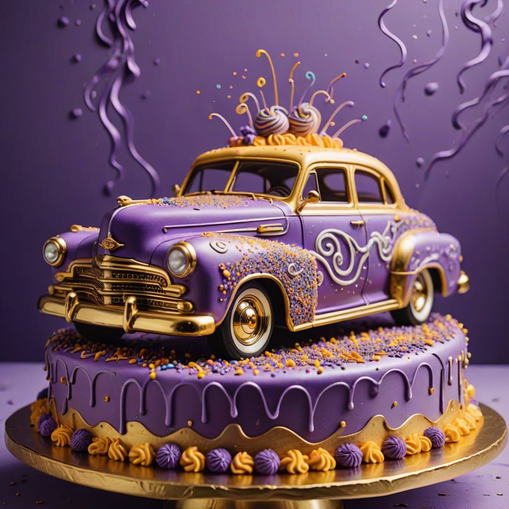 Purple Lowrider Car on Birthday Cake, Surrealist Art