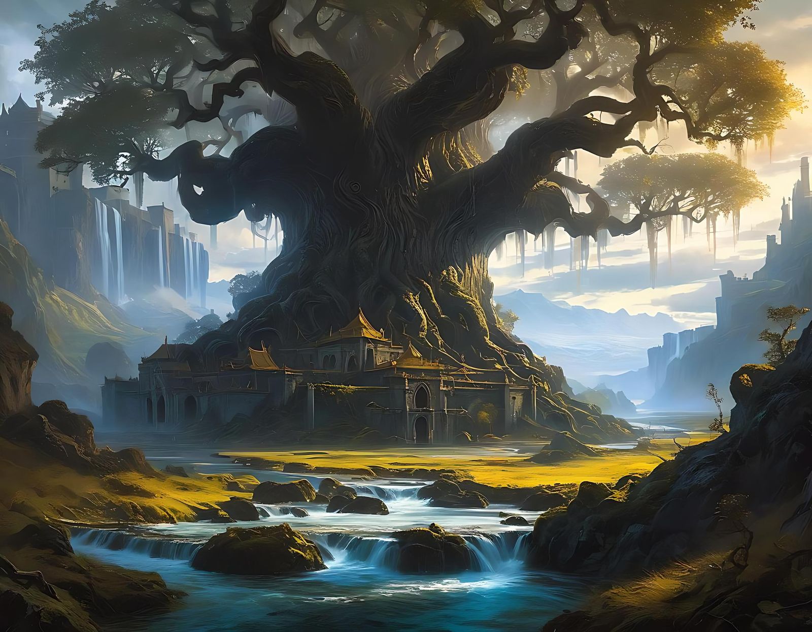 Yggdrasil Dark Fantasy Art in Oil Painting Style