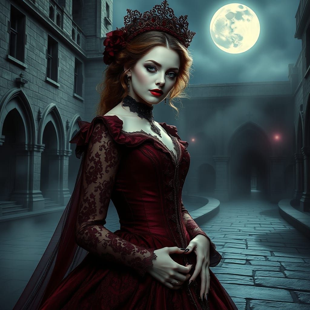 Ethereal Vampire Princess in Dark Crimson Victorian Gown