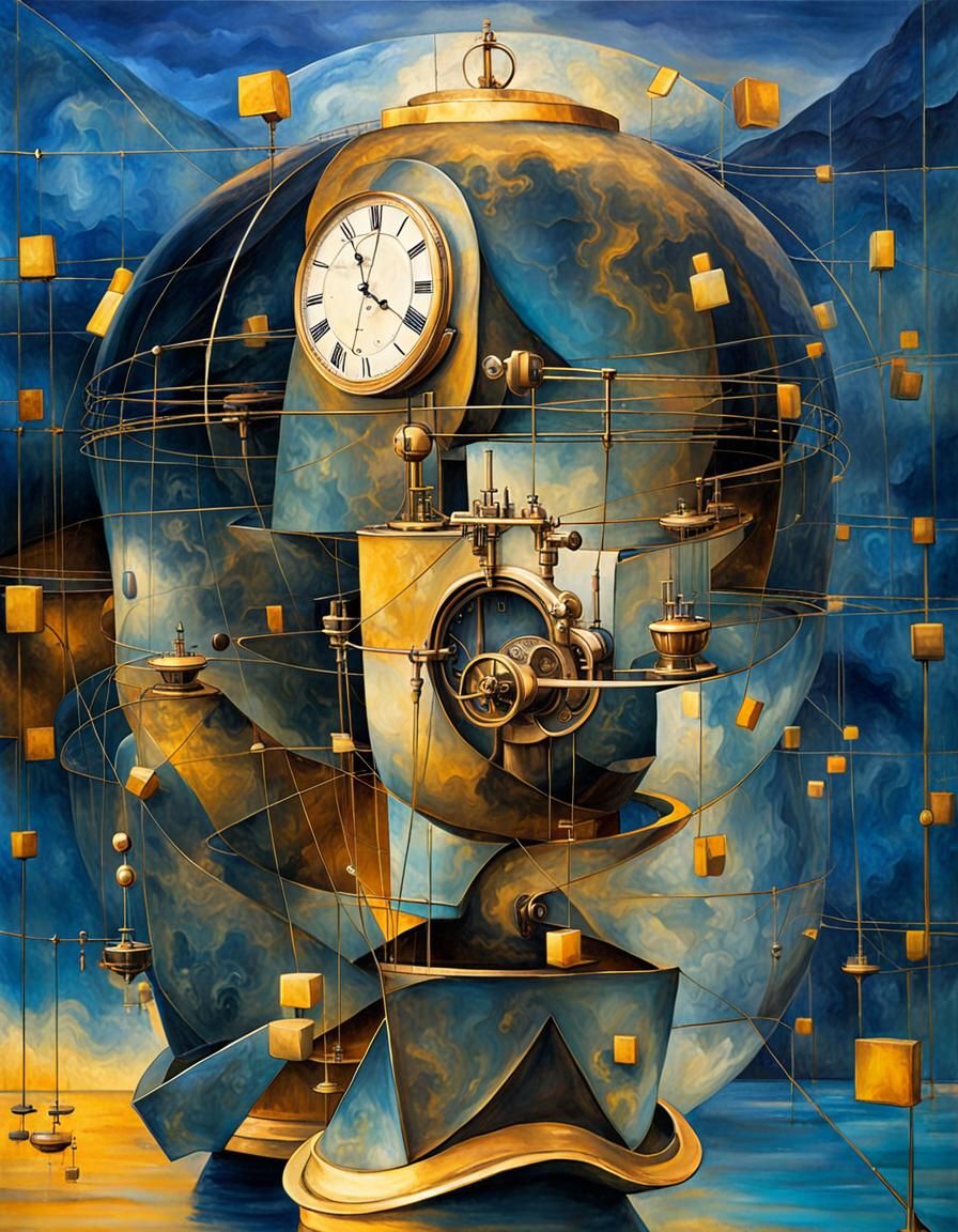 masters of time "KAIROS" creating strange events on spherical translucid clocks machines, pale complementary colors yell...