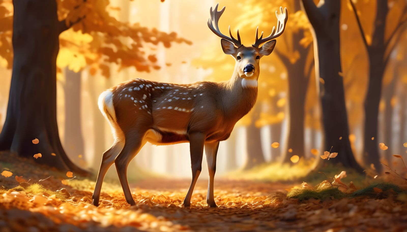 Cute Deer in Golden Autumn Leaves Matte Painting