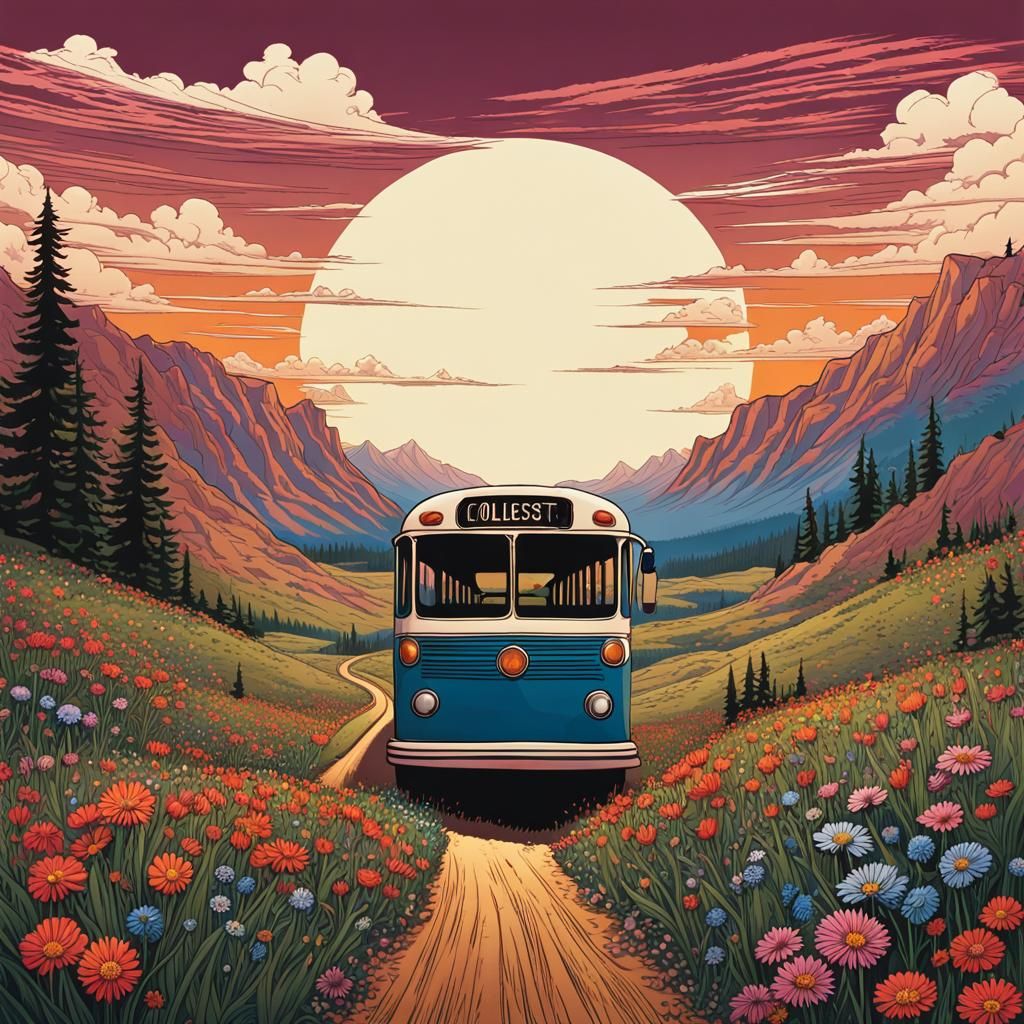 Anime Bus Journey Through Meadow to Desert