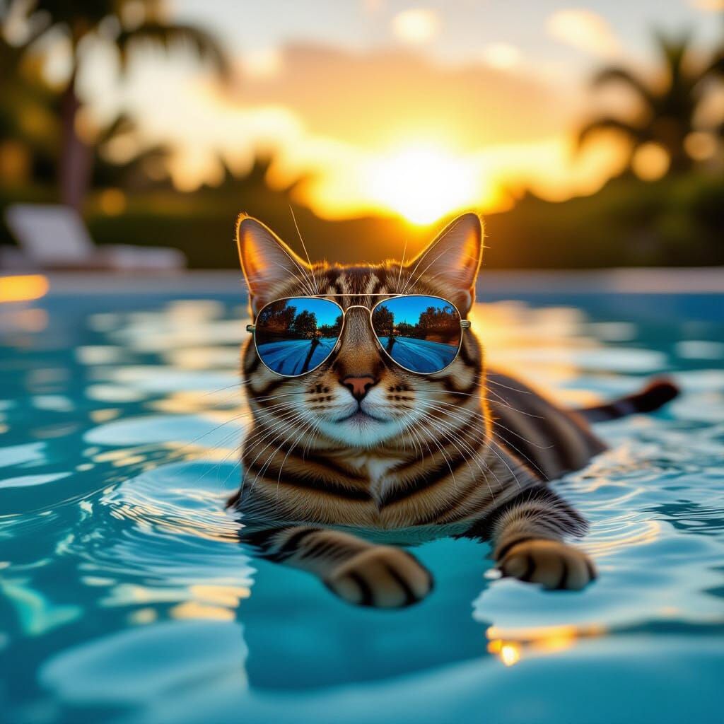Cool Cat Lounging by Pool at Sunset