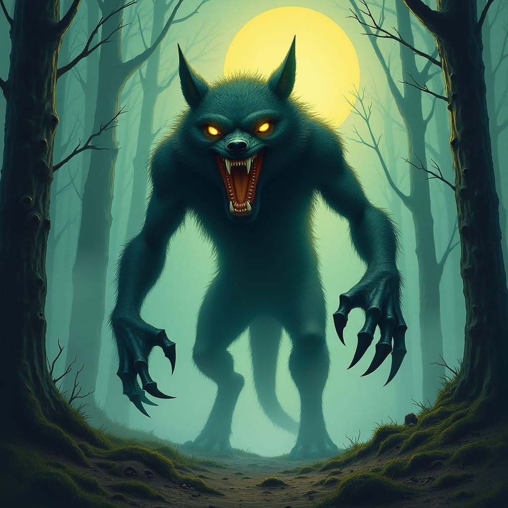 Mystical Lougarou in Moonlit Forest, Surrealist Art