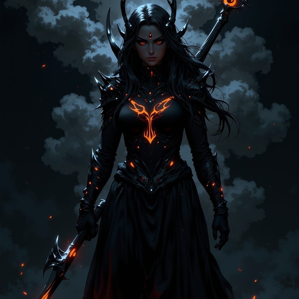 Shadow Goddess Emerges from Dark Smoke with Fiery Sword