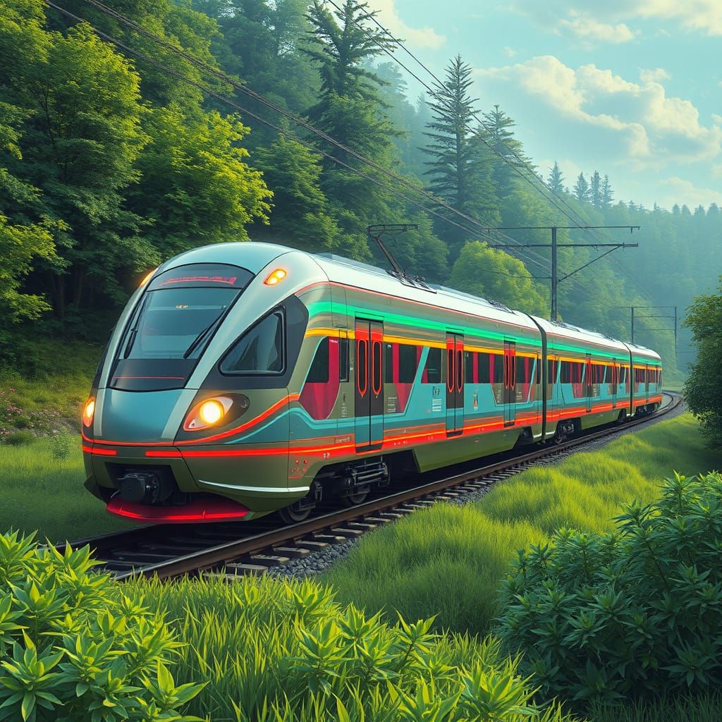 Futuristic Transparent Train in Lush Landscape