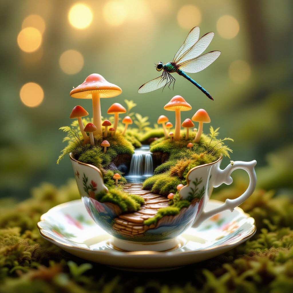Enchanted Forest Teacup with Dragonfly in Bokeh