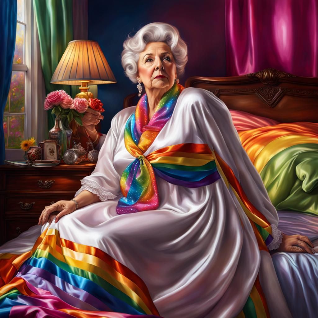 Mature Woman in Rainbow Satin, Detailed Digital Art
