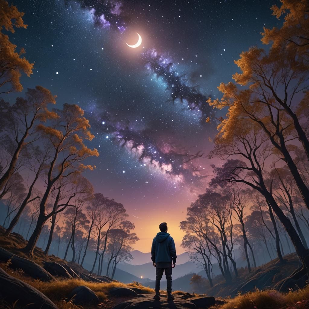 Person Gazing at Vivid Starry Sky: Digital Matte Painting
