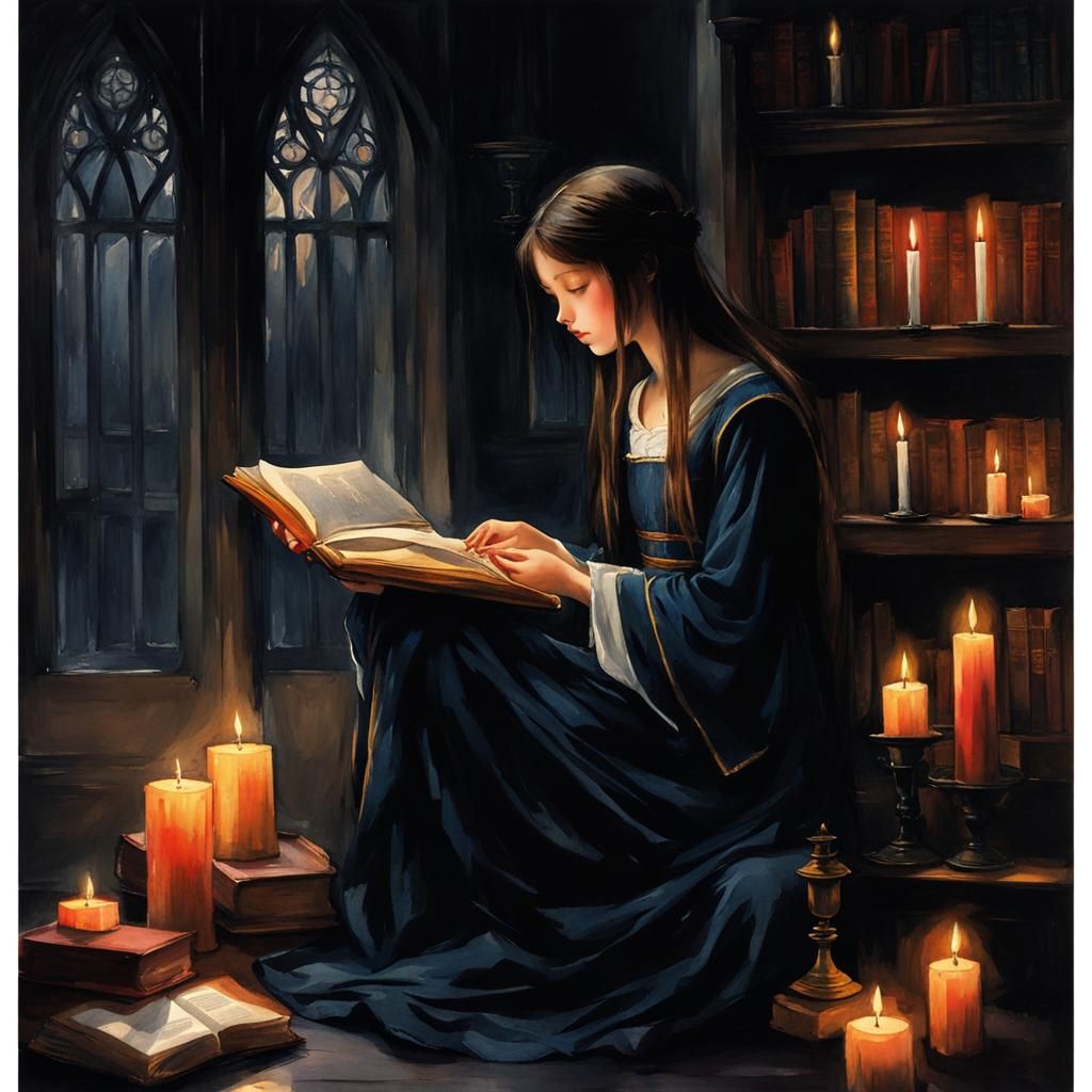 Gloomy Girl Scholar Reading by Candlelight