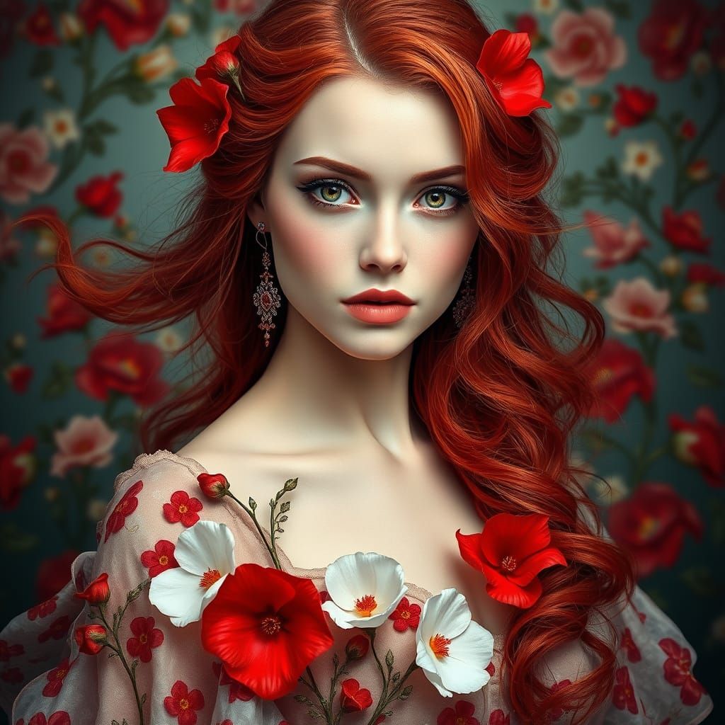 Beautiful Woman with Red Hair in Vibrant Portrait