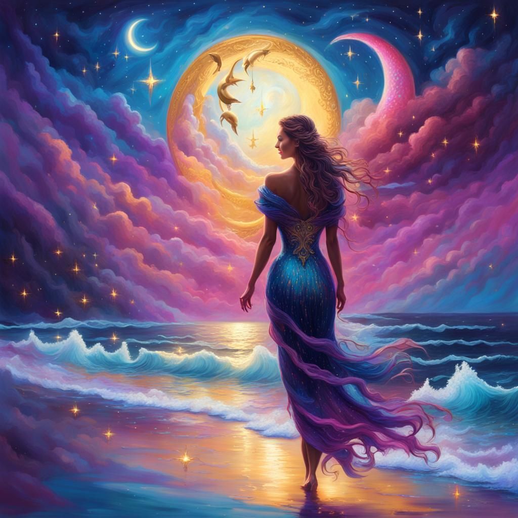 Fantasy Seashore Night with Golden Dolphins