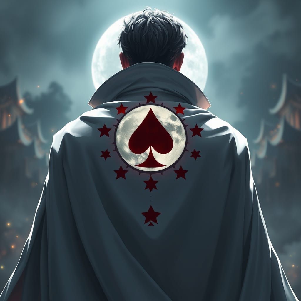 Anime Hero Wears White Cloak with Full Moon and Red Star Sym...