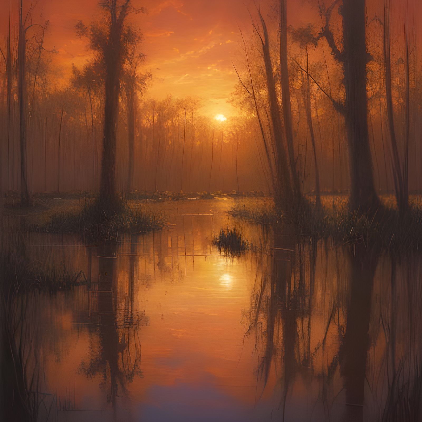 Swamp Sunset in Oil Painting Style