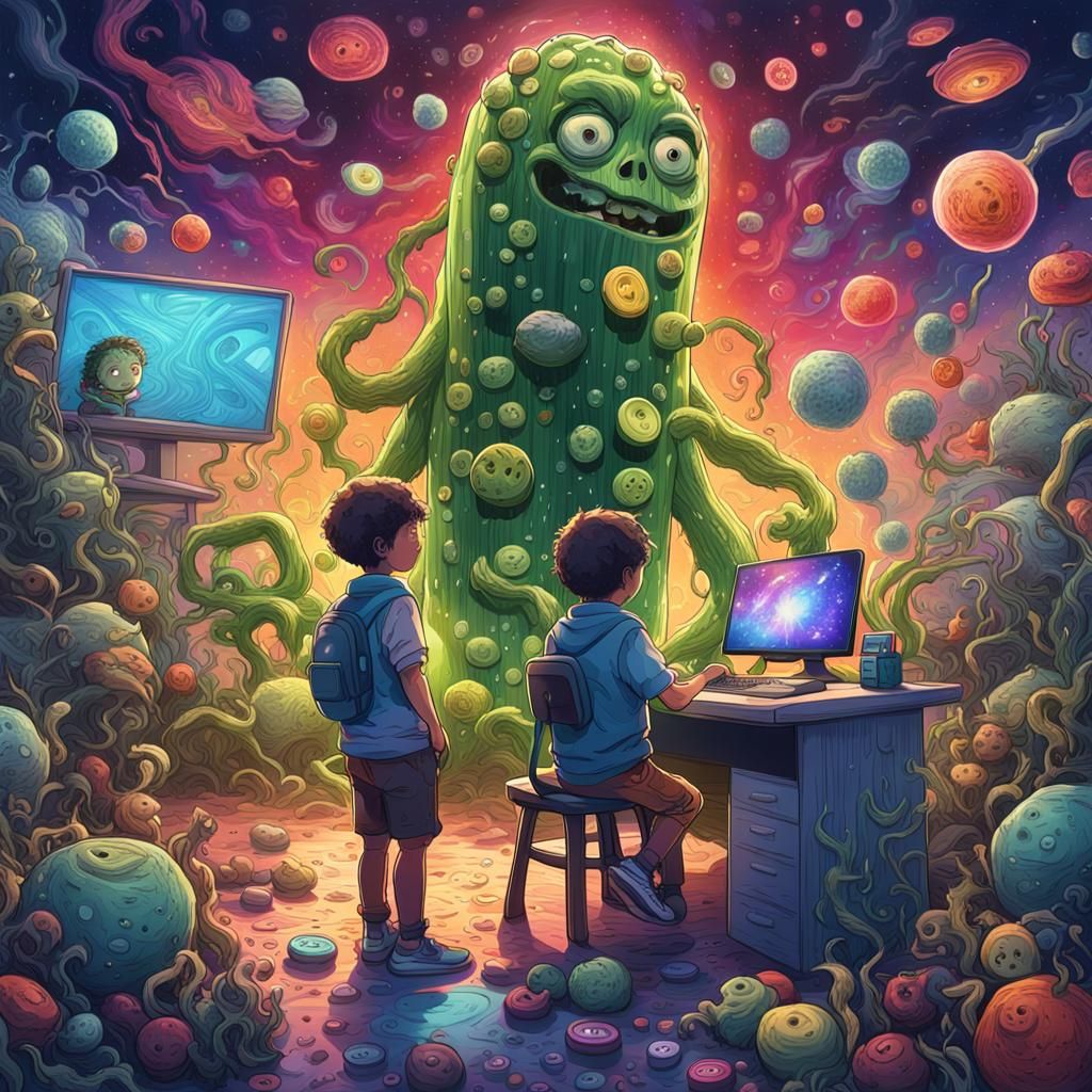 Cosmic Astral Scene with Cucumber Teacher and Baby Buttons