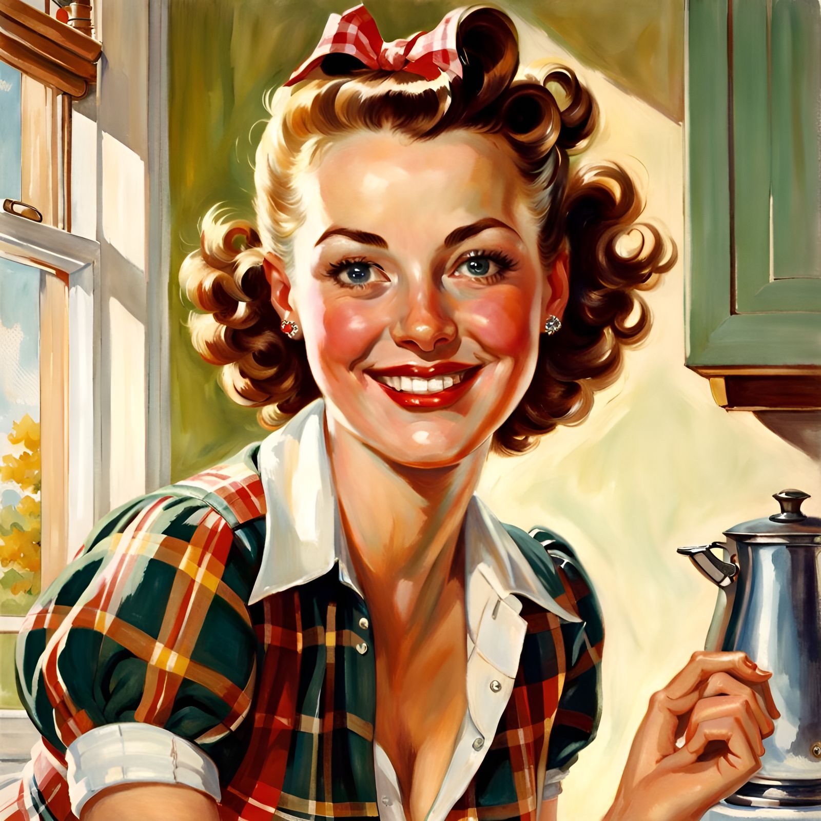 Smiling Woman in Plaid Blouse, Nostalgic Pin-Up Art