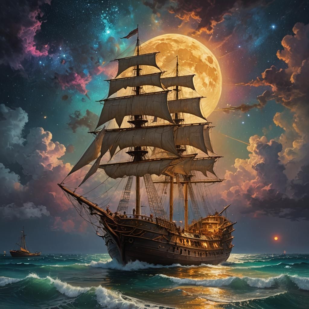 Golden Schooner Under the Moonlit Sky