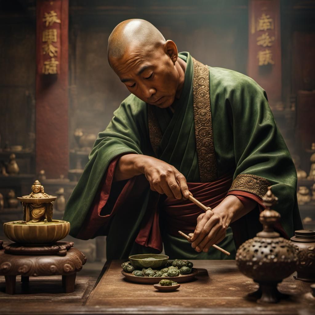 Chinese Monk Crafts Jade Statuette in 16th Century Laborator...