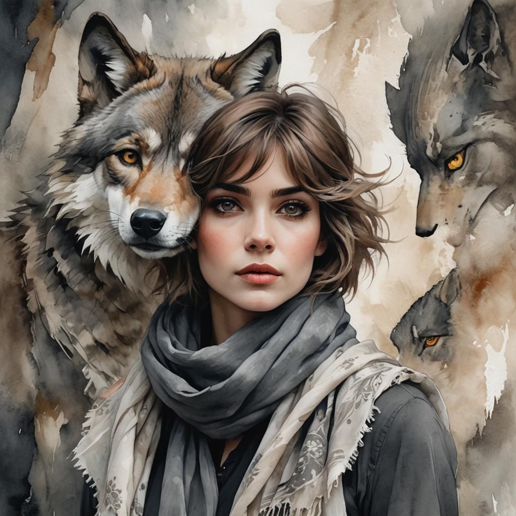 Fantasy Portrait of Woman with Wolf in Watercolor Style