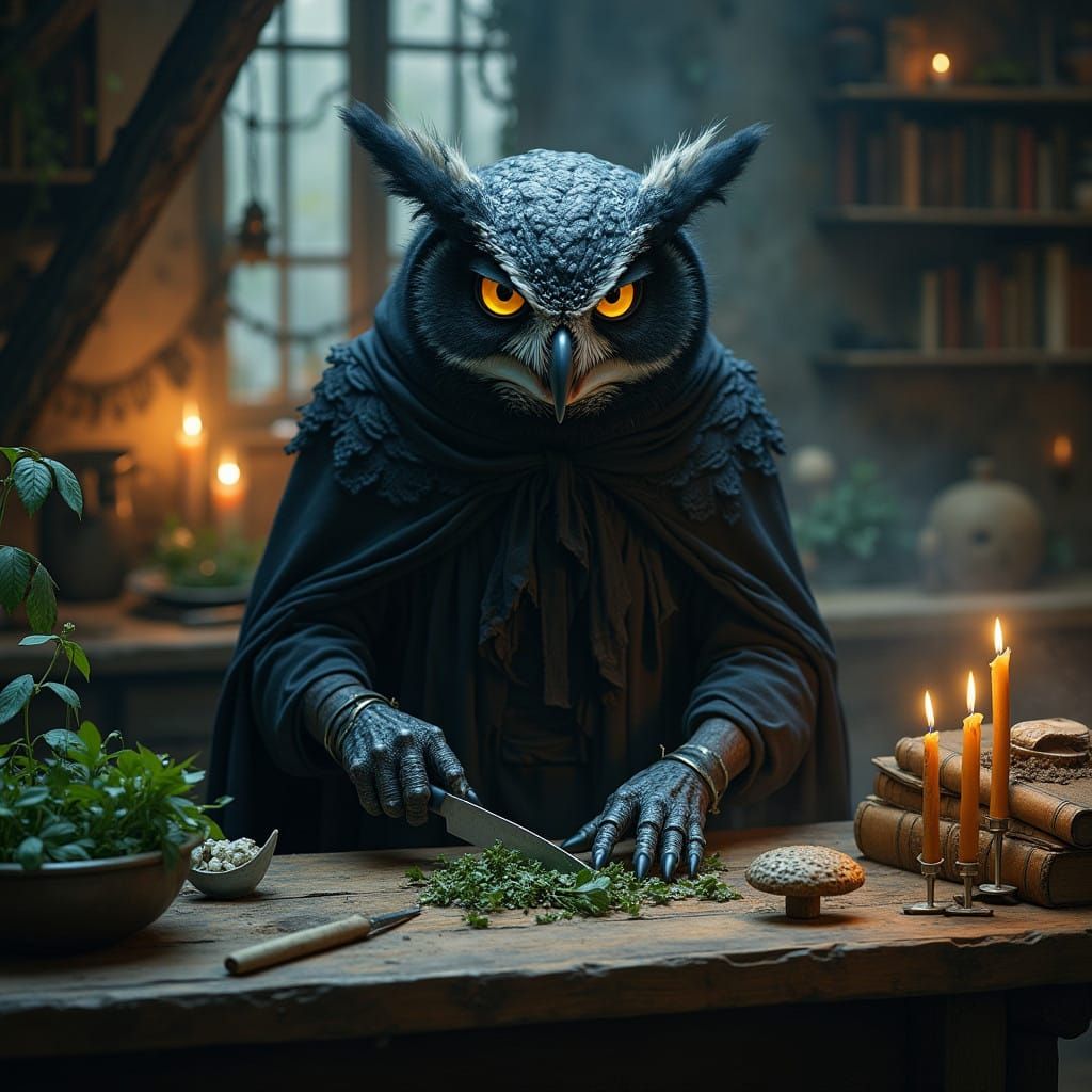 Mystical Owl Prepares Sinister Meal in Dark, Haunting Kitche...