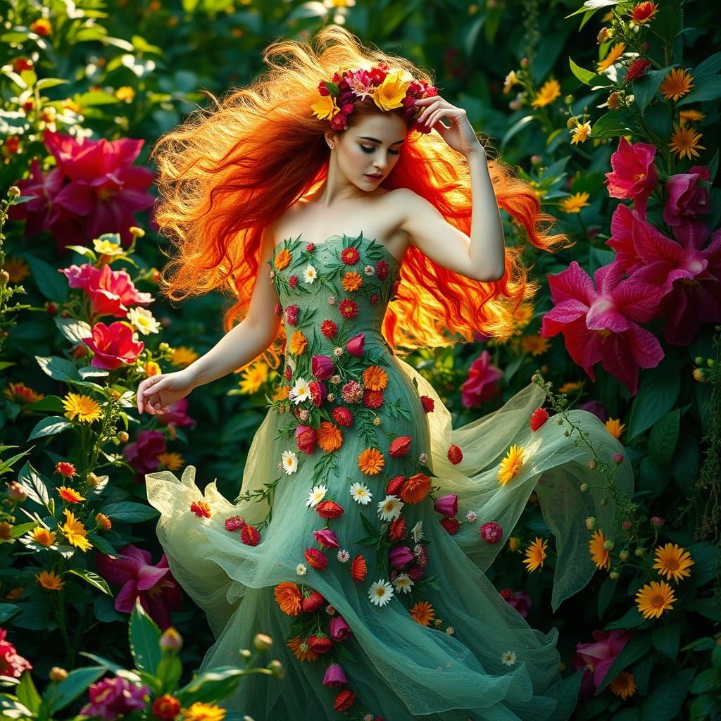 Fiery Irish Goddess Aine Dances Among Vibrant Summer Blooms