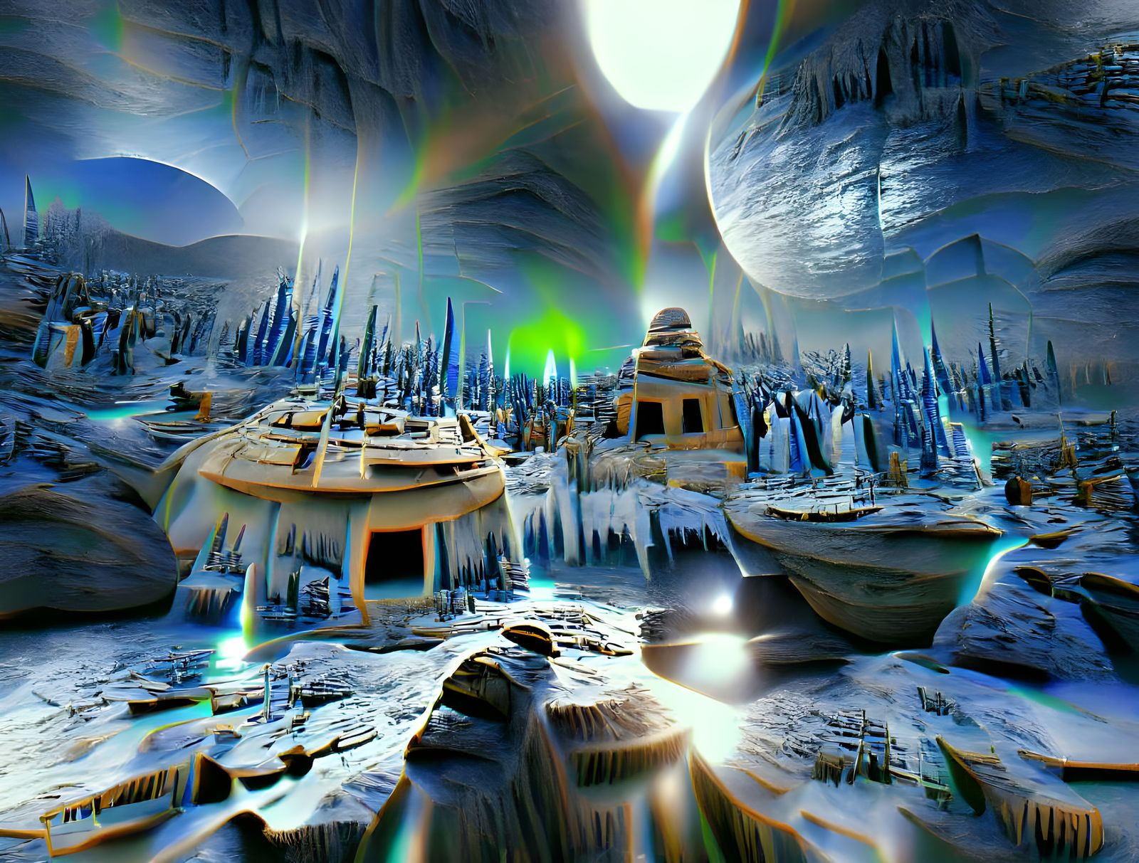 Icy Planet Jedi Temple Under Northern Lights