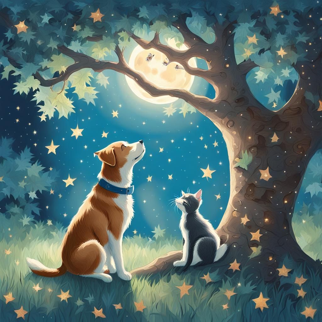 Dog and Kitten's Magical Midnight Chat in Dreamlike Style