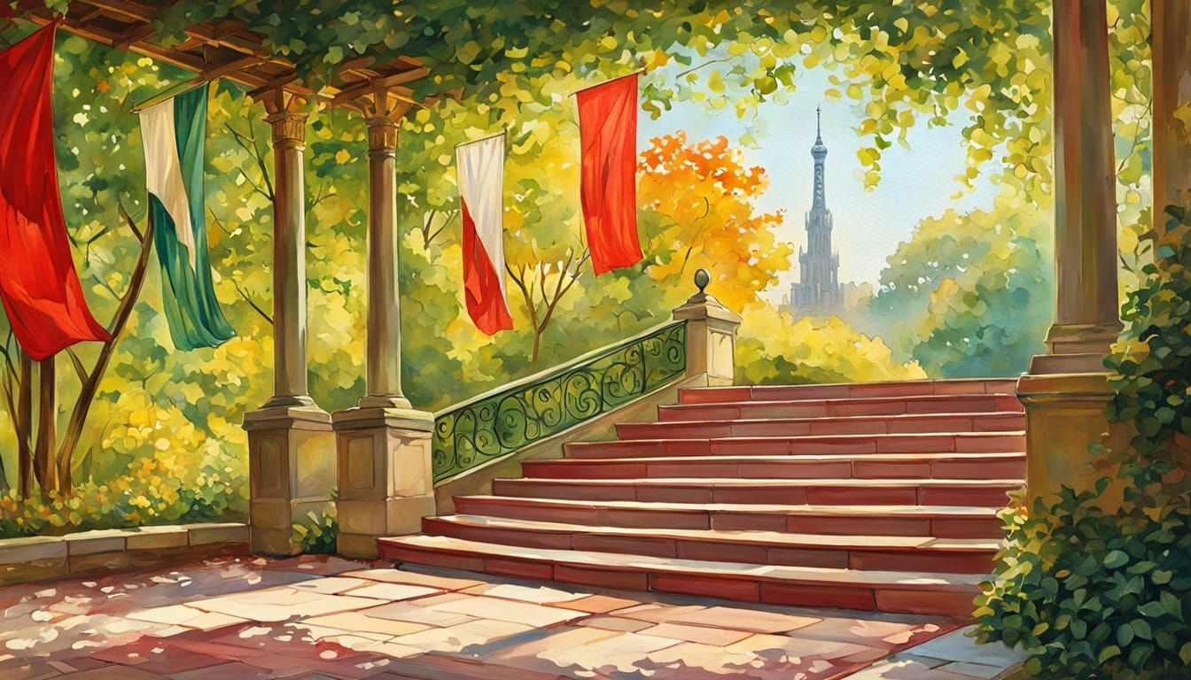 Art Nouveau Pergola with Flags in Mucha Style