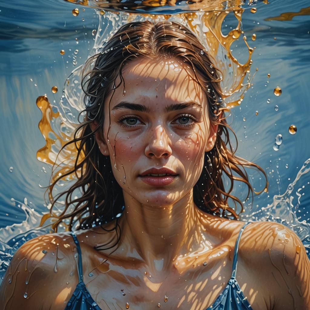 Woman Emerges from Water: Hyperrealistic Oil Painting