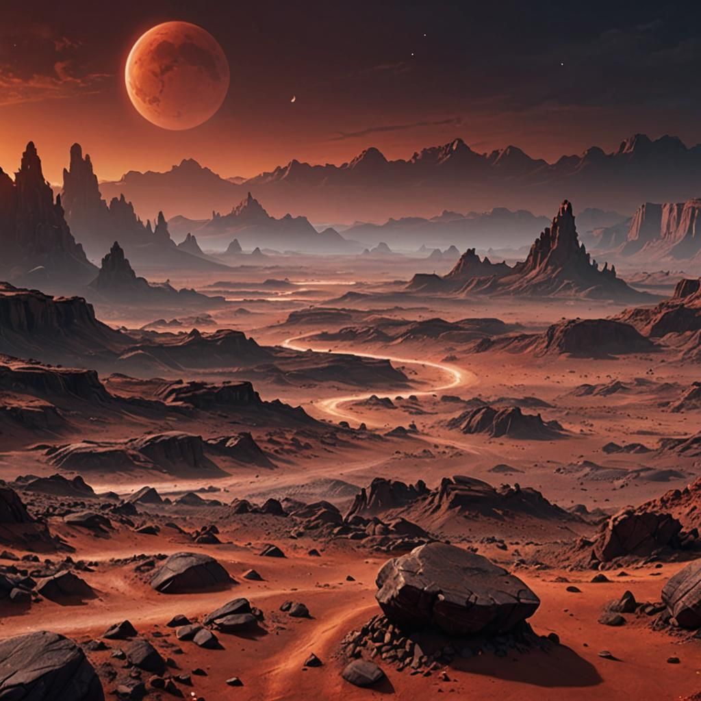 Barren sci-fi landscape. Wide shot. A rocky, red desert stre...