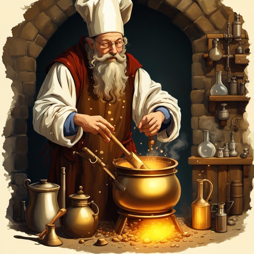 Medieval Alchemist Cooks Gold for Spectators