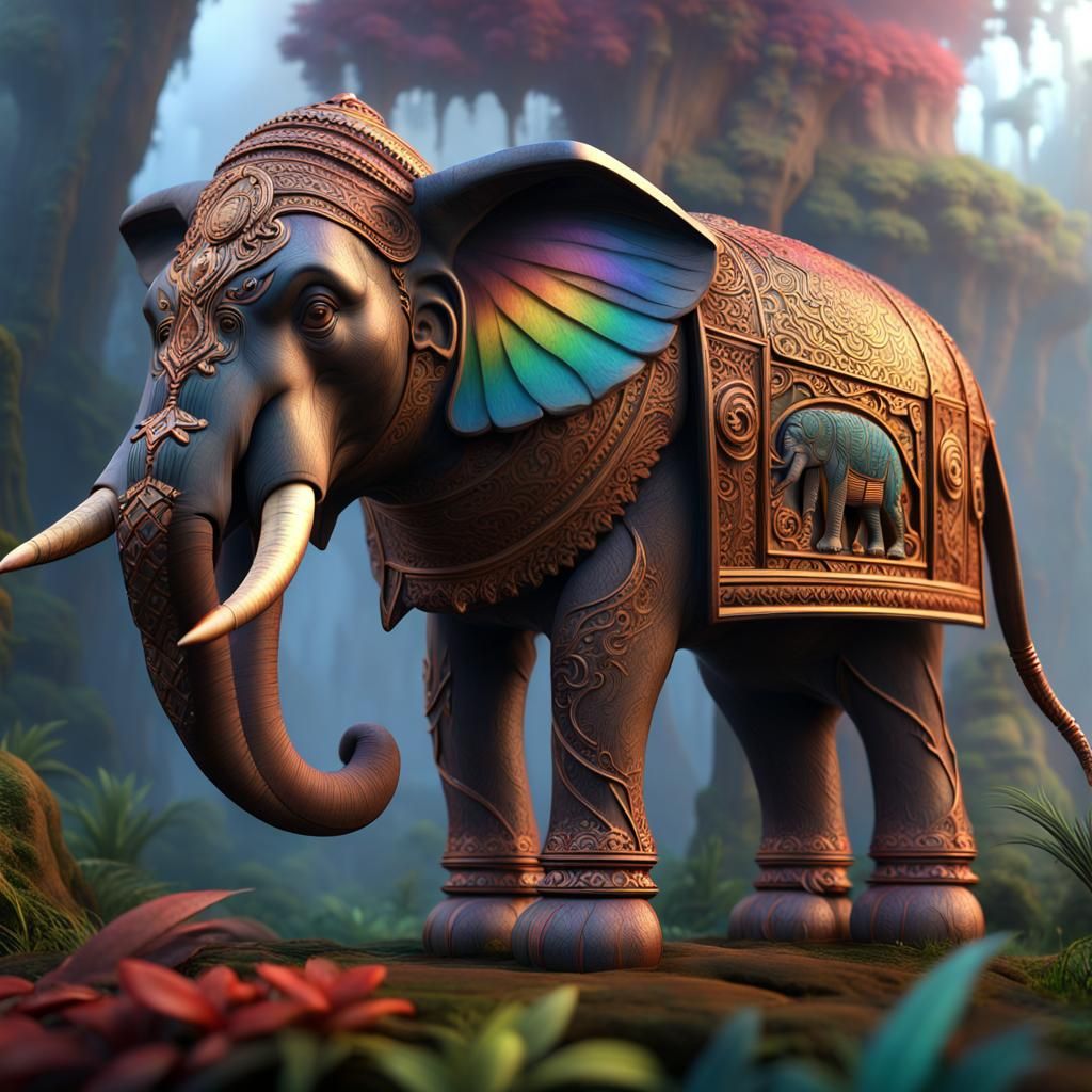 Indian Elephant Carved in Wood: Detailed Matte Painting