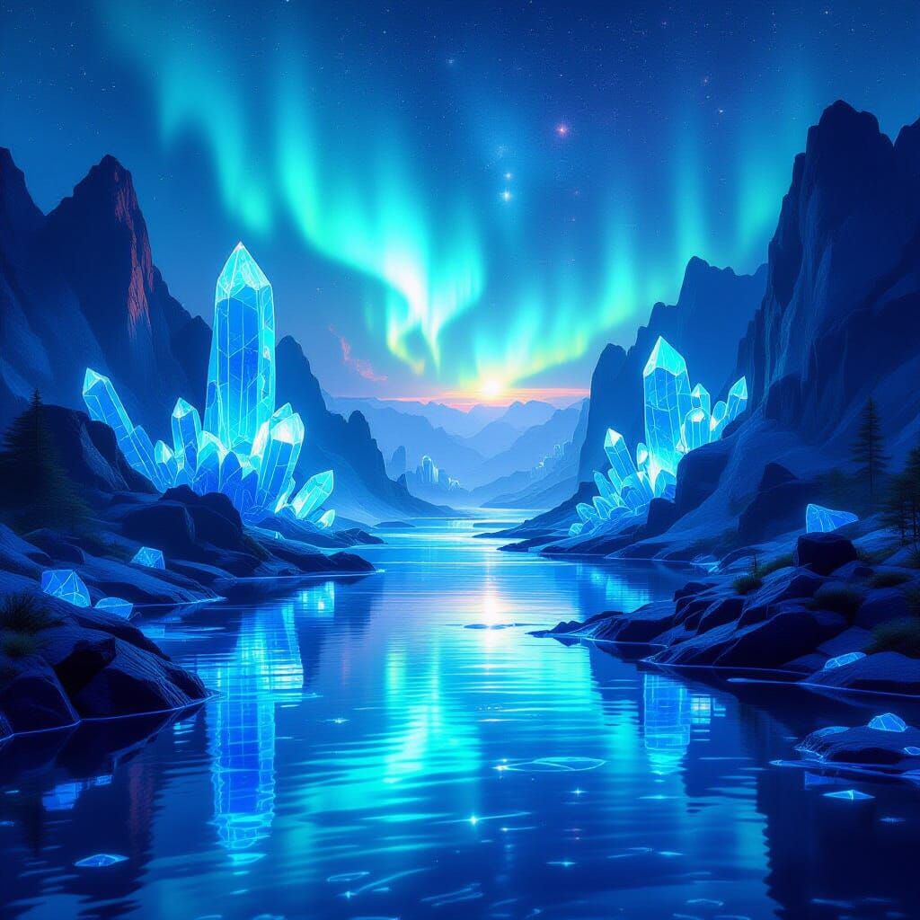 Surreal Neon River with Crystal Formations