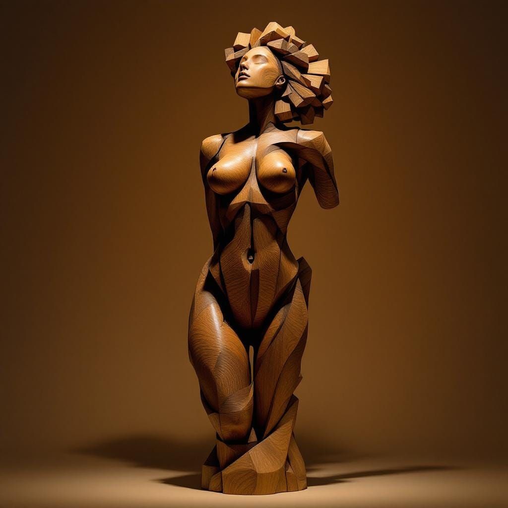 Abstract Wooden Female Sculpture with Warm Palette