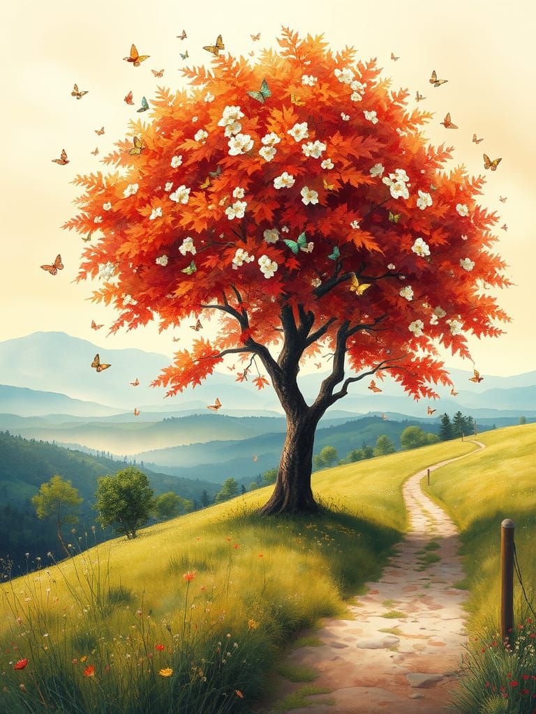 Majestic Maple Tree in Whimsical Landscape