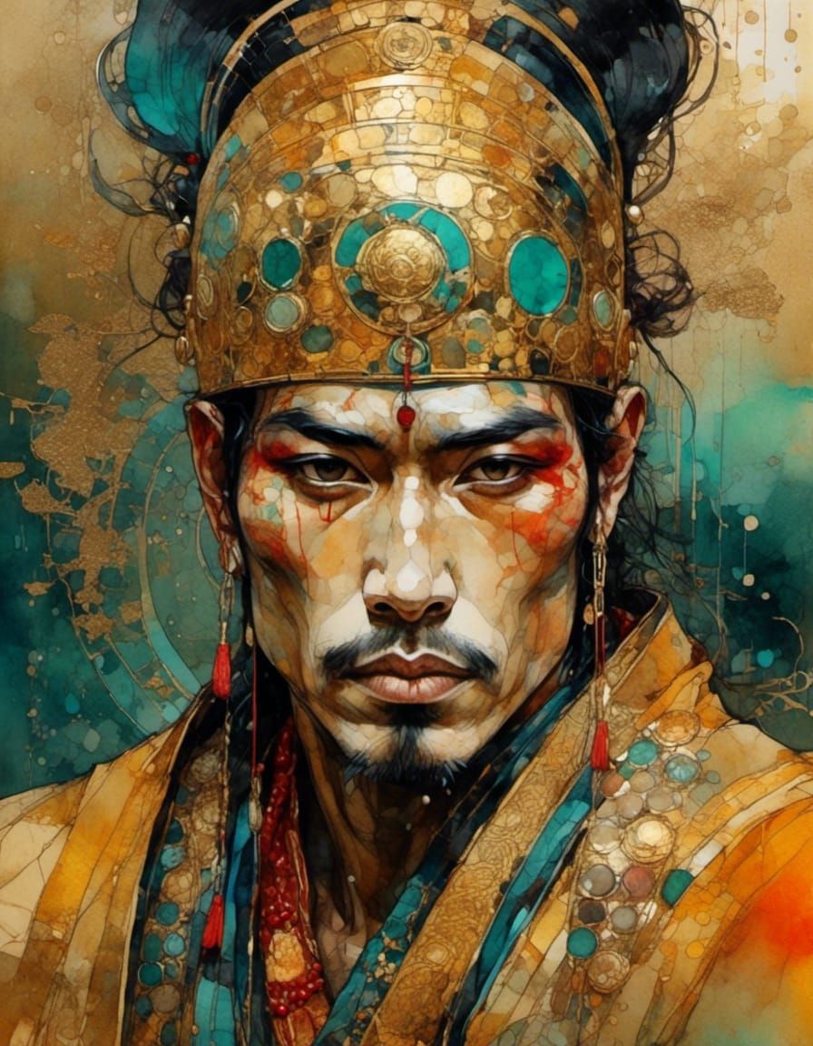 Japanese Warrior Portrait in Klimt Gold Style