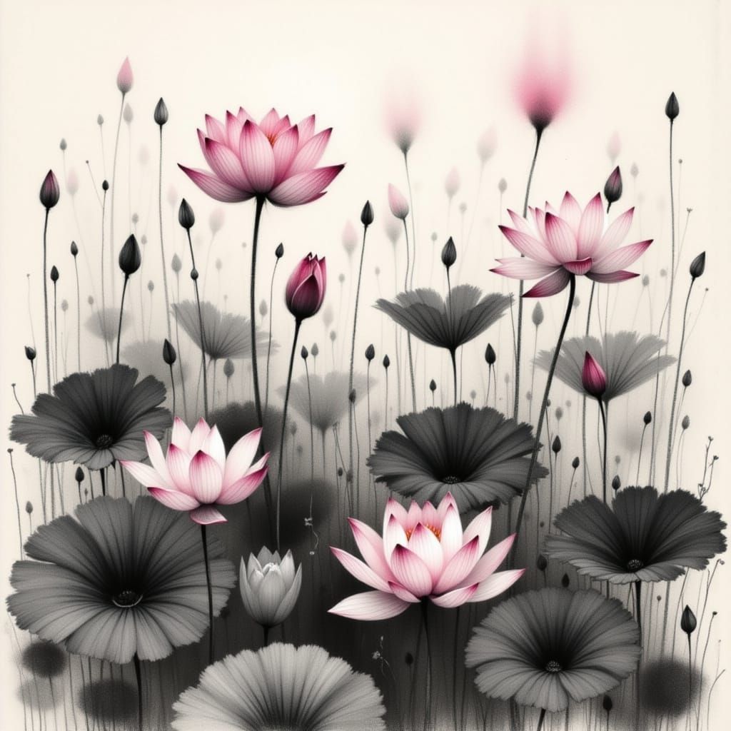 Dreamy Lotus Field in Watercolor-Inspired Style